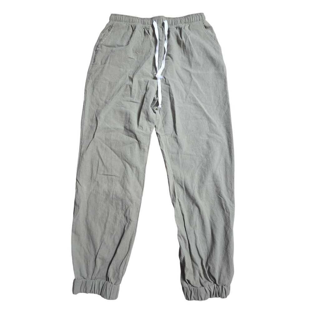 Ouku Mens Linen Cotton Blend Joggers L Elastic Waist Drawstring Sage Green Skate